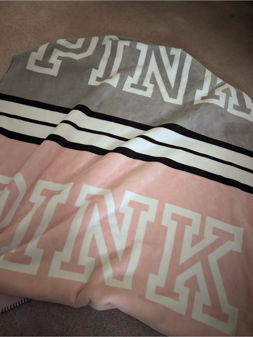 PINK Victoria's Secret Pink, Gray & Black Logo Stripe Throw Blanket